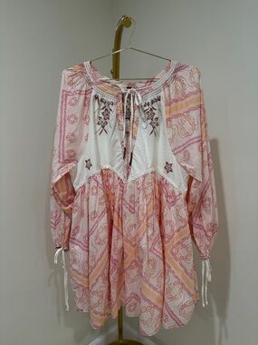 Free People Pink & Peach Boho Long Sleeve Babydoll Dress